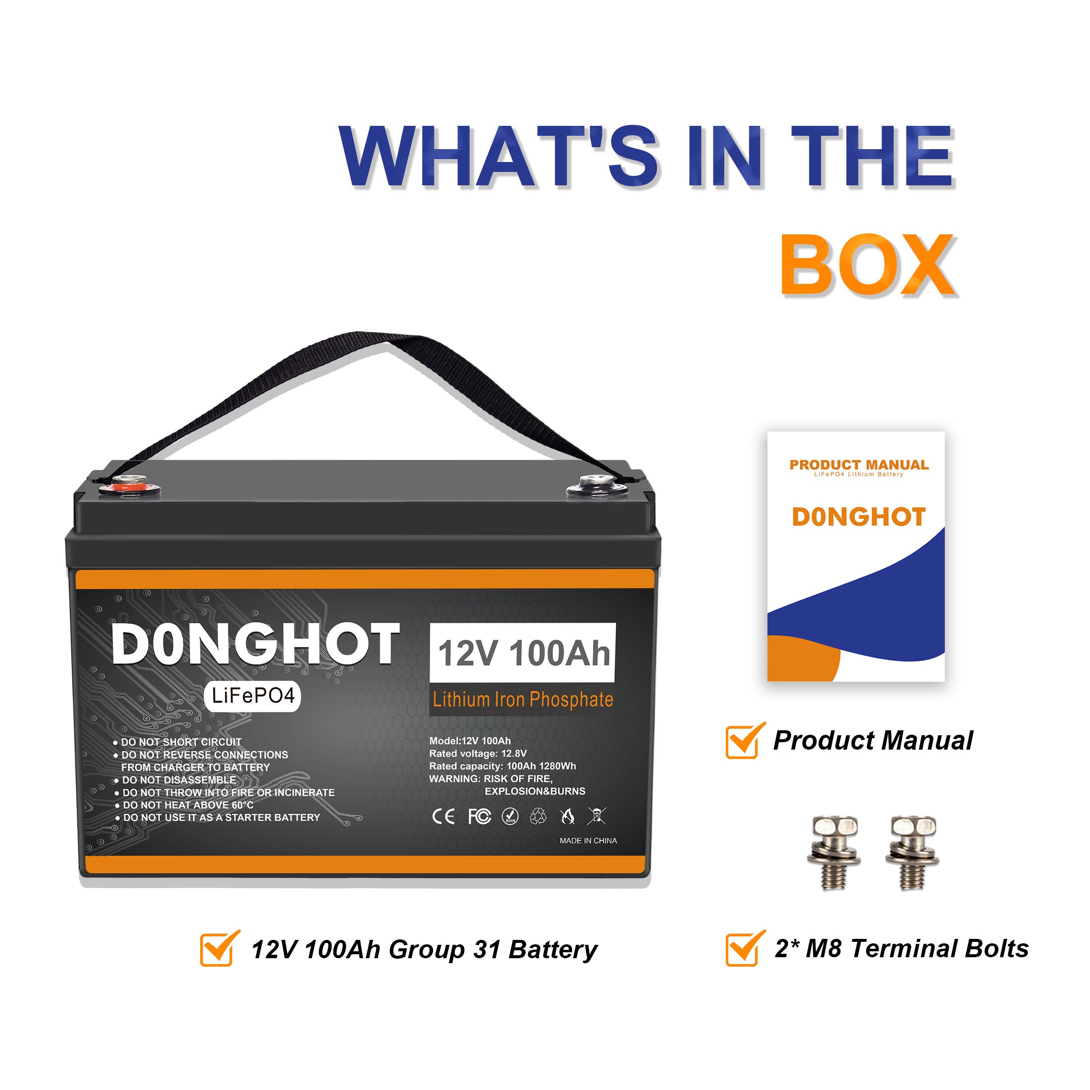 D0NGHOT 100Ah LiFePO4 Lithium Ion Battery for Trolling Motor,12 Volts Deep Cycle Marine Battery for Boat Marine Fish Finder RV