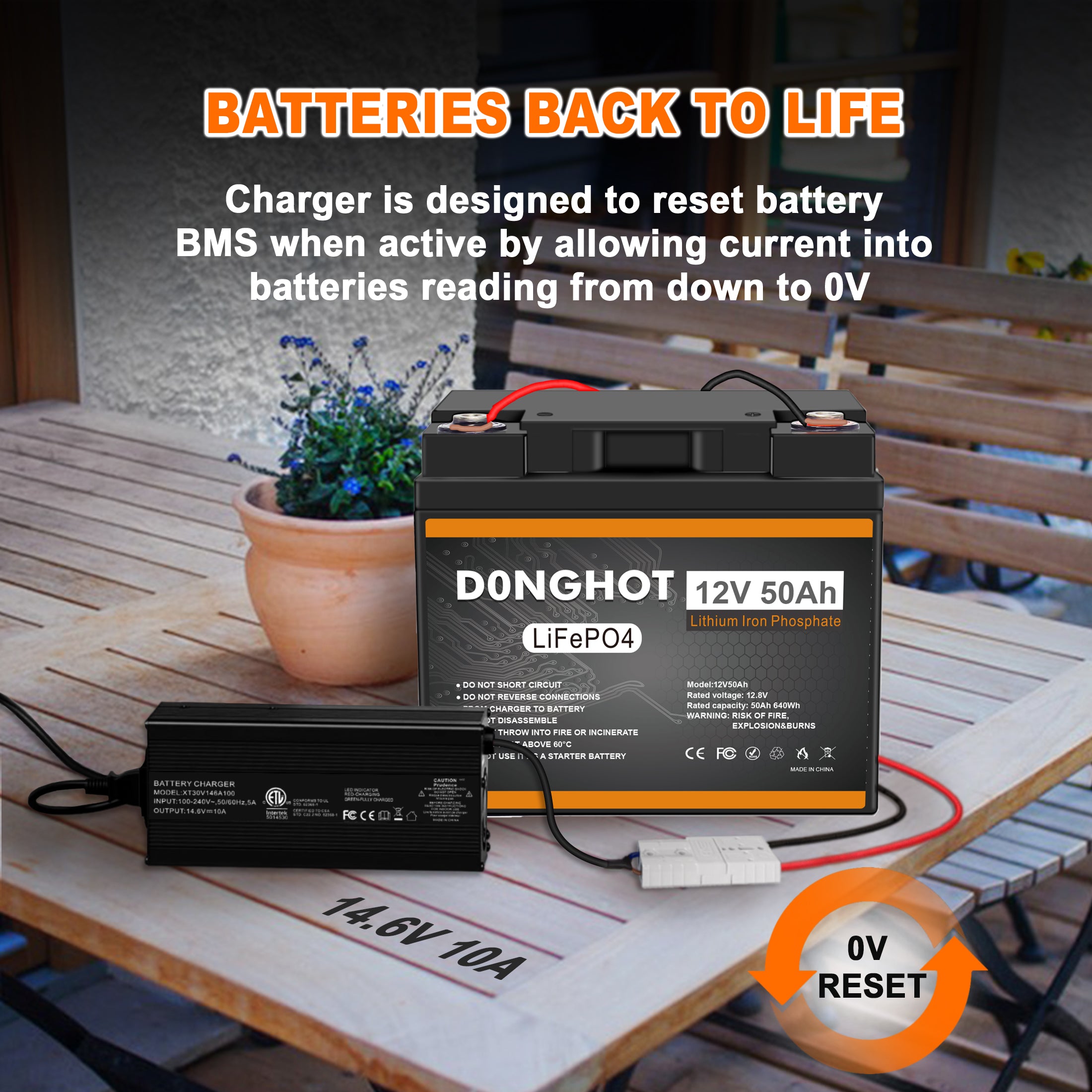 D0NGHOT 12V 50Ah Deep Cycle Marine Lithium Battery with 14.6V 10A Lithium Battery Charger