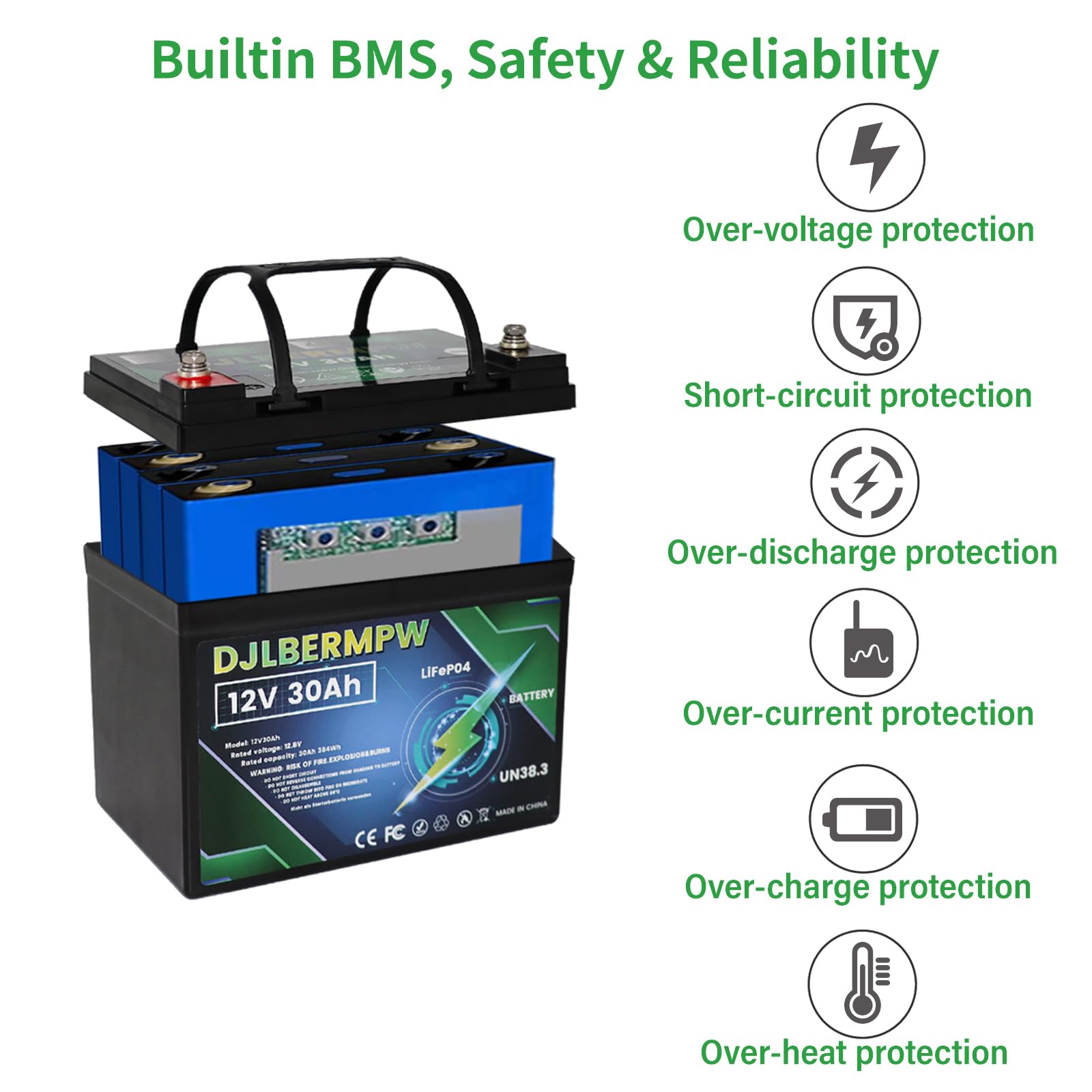 DJLBERMPW 12V 30Ah LiFePO4 Deep Cycle Lithium Marine Battery For RV Boat