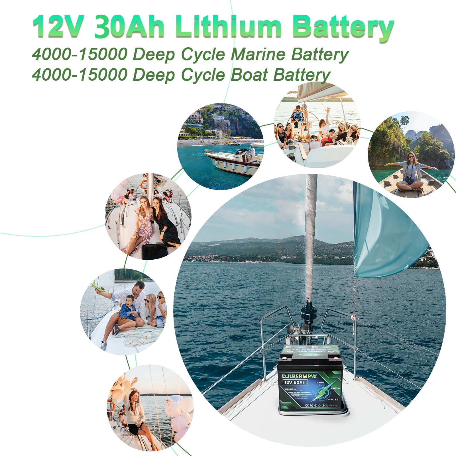 DJLBERMPW 12V 30Ah LiFePO4 Deep Cycle Lithium Marine Battery For RV Boat