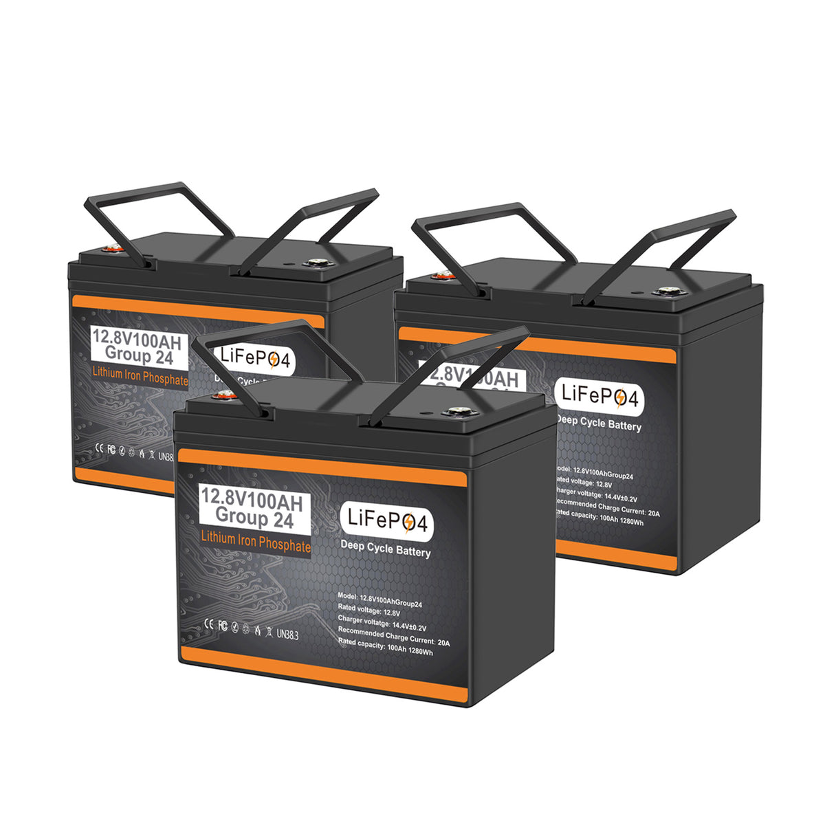 3Pack 12V 100Ah Group 24 LiFePO4 Battery, 100A BMS Deep Cycles Lithium Batteries 3840Wh for RV, Trolling Motor, Solar Off Grid, Camping, Marine