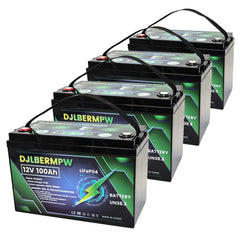 DJLBERMPW 4Pack 12V 100Ah LiFePO4 Lithium Battery, 100A BMS Deep Cycle Battery for Golf Cart, Marine.