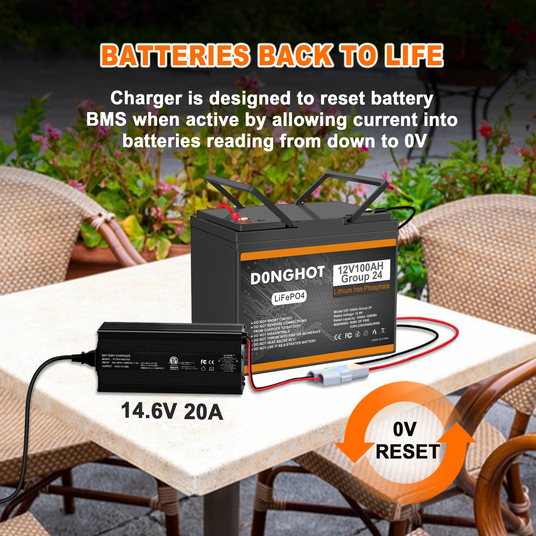 D0NGHOT 100Ah Lithium LiFePO4 Deep Cycle Marine Battery with 14.6V 20A LiFePO4 Smart AC-DC Battery Charger