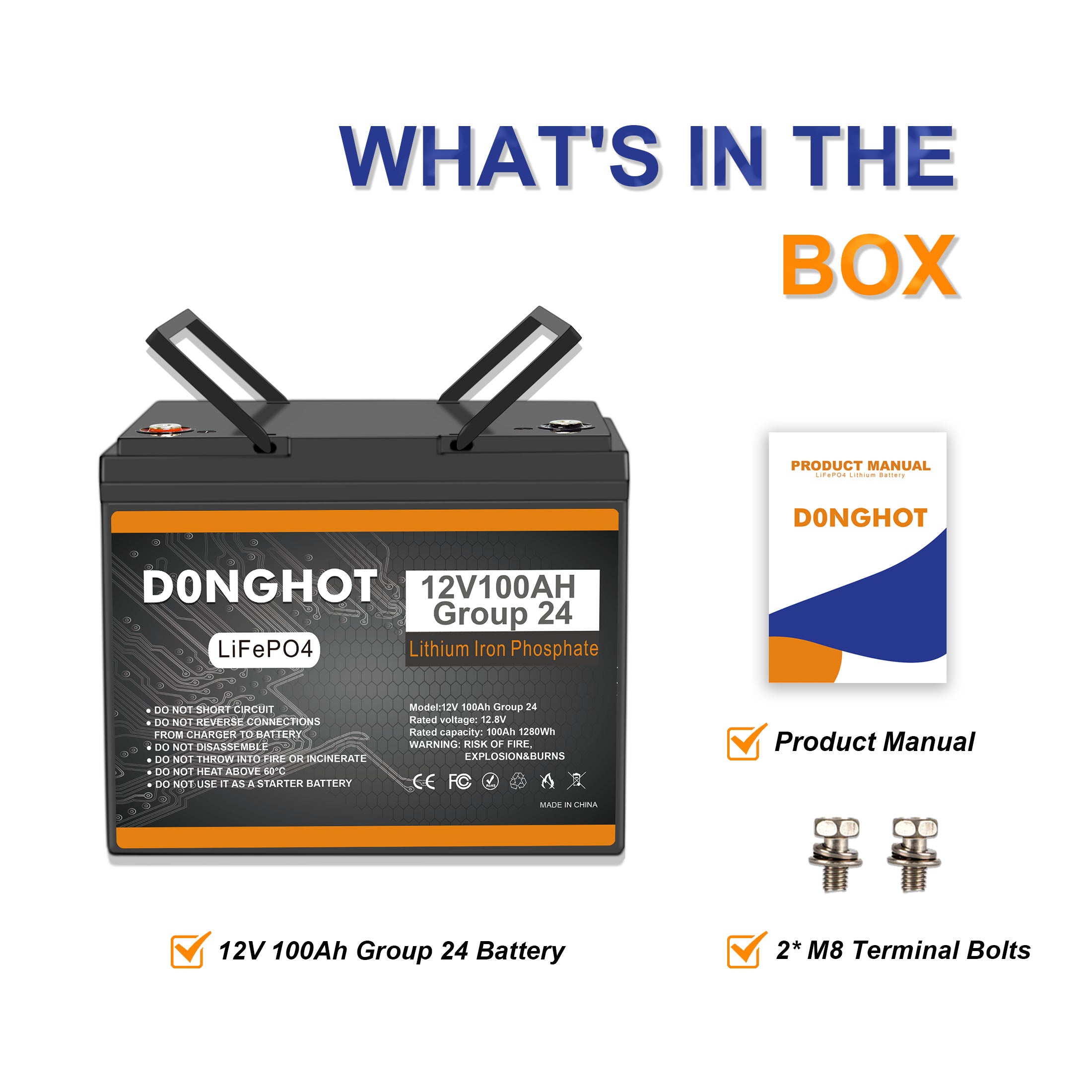 D0NGHOT 12V 100Ah LiFePO4 Lithium Group 24 Battery,12 Volts Lithium Battery for Trolling,Marine,RV