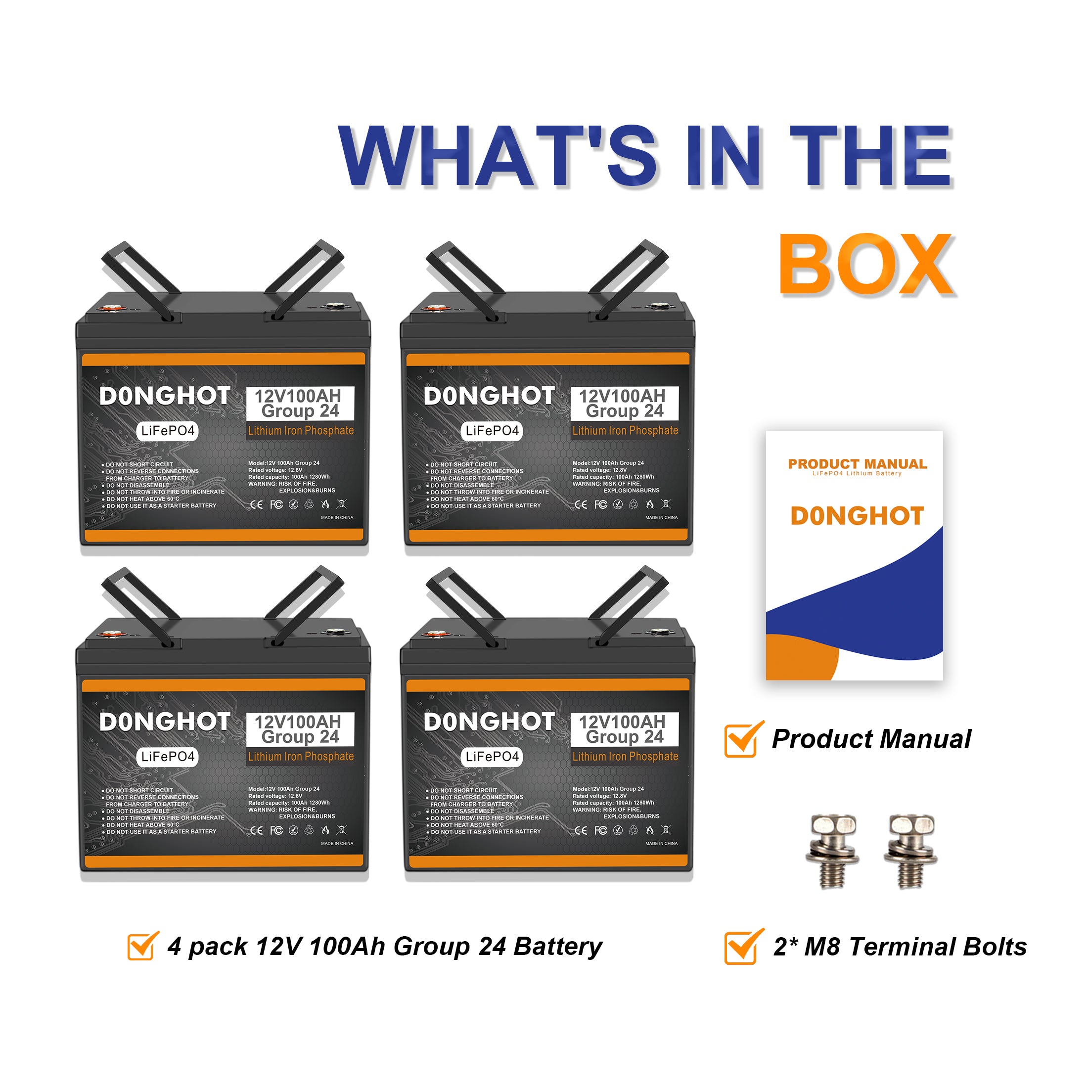 D0NGHOT 48V Golf Cart Battery,4 Pack 12V 100Ah Lithium Ion Deep Cycle Group 24 Battery with 100A BMS