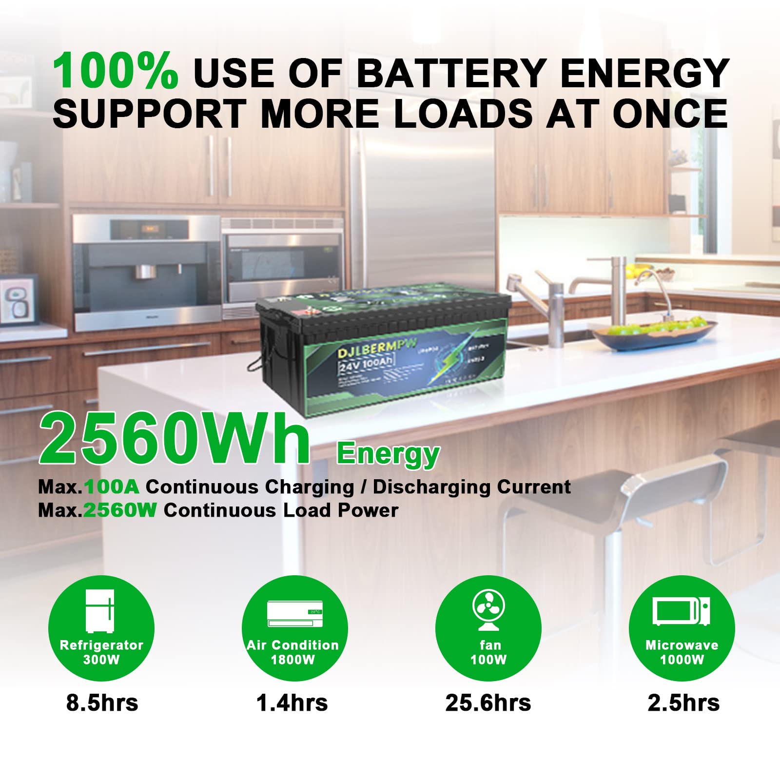 DJLBERMPW 24V Lithium Battery LiFePO4 100Ah Deep Cycle For RV Solar Off-grid