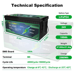 DJLBERMPW 24V Lithium Battery LiFePO4 100Ah Deep Cycle For RV Solar Off-grid