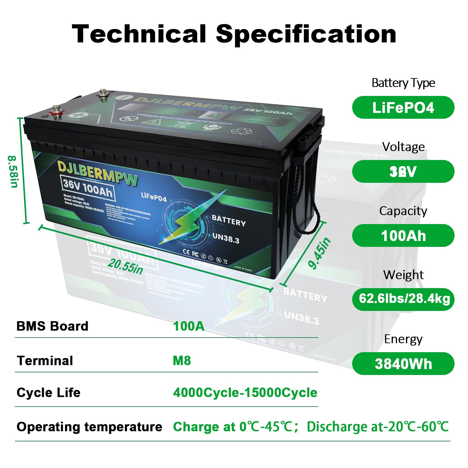 DJLBERMPW 36V LiFePO4 Lithium Battery 100Ah Deep Cycle Golf Cart Battery