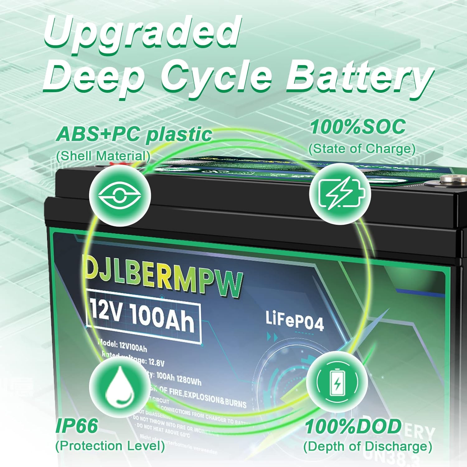 DJLBERMPW 4Pack 12V 100Ah LiFePO4 Lithium Battery, 100A BMS Deep Cycle Battery for Golf Cart, Marine.