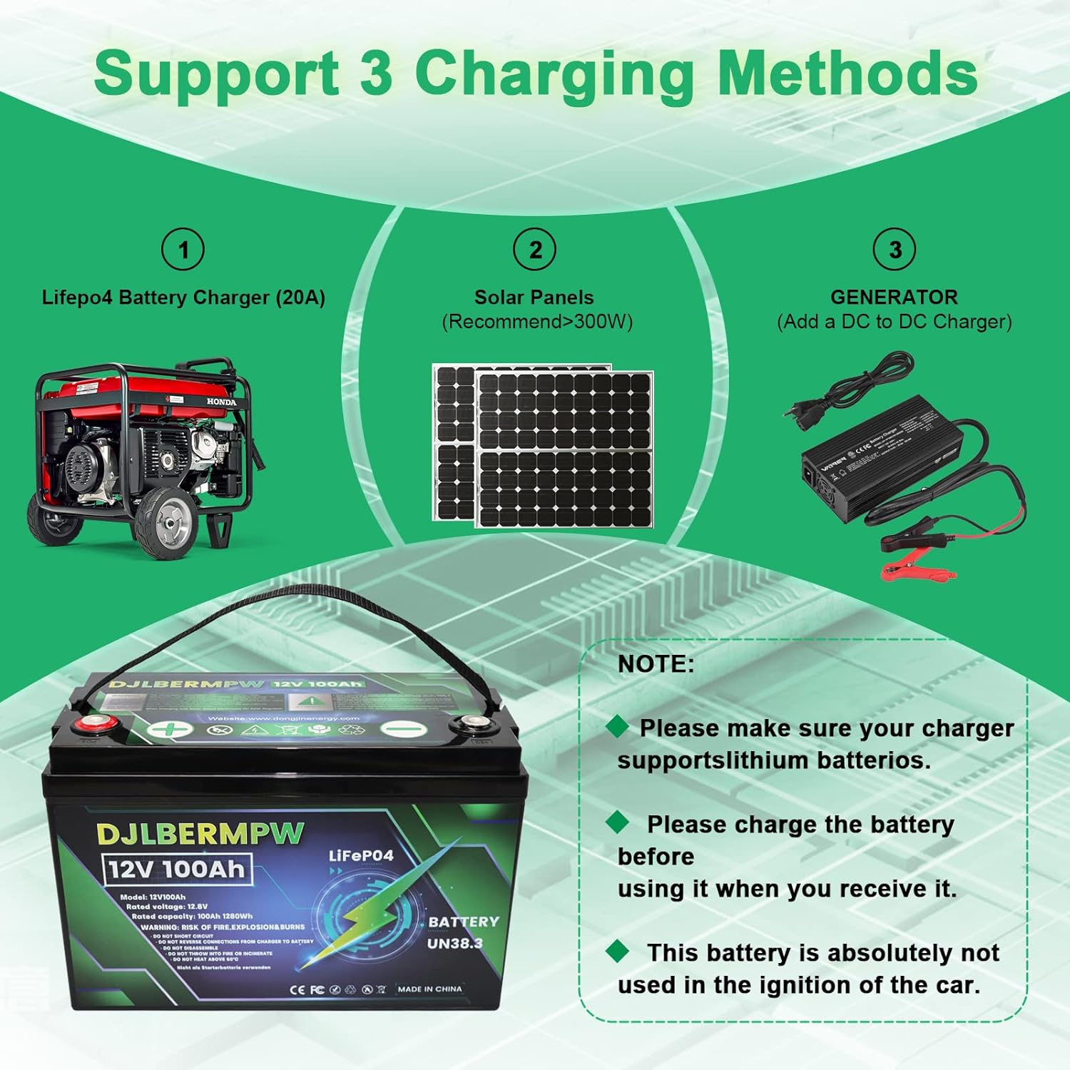 DJLBERMPW 4Pack 12V 100Ah LiFePO4 Lithium Battery, 100A BMS Deep Cycle Battery for Golf Cart, Marine.