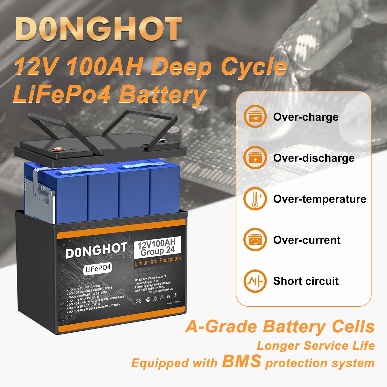 D0NGHOT 12V 100Ah LiFePO4 Lithium Group 24 Battery,12 Volts Lithium Battery for Trolling,Marine,RV